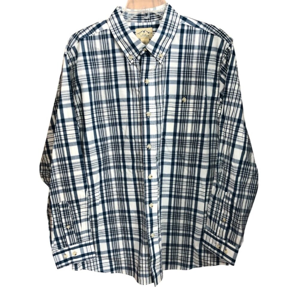 Blue Mountain Button Up Shirt Mens L Long Sleeve Plaid Navy Blue